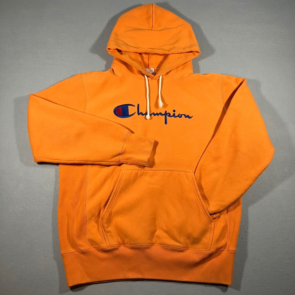 Champion 2XL Reverse Weave Hoodie Vibrant Orange Chenille Script Embroidery Logo